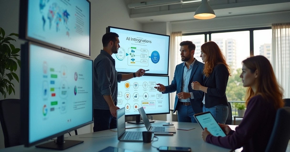 Equipe empresarial revisando processo de automação com inteligência artificial em escritório moderno 