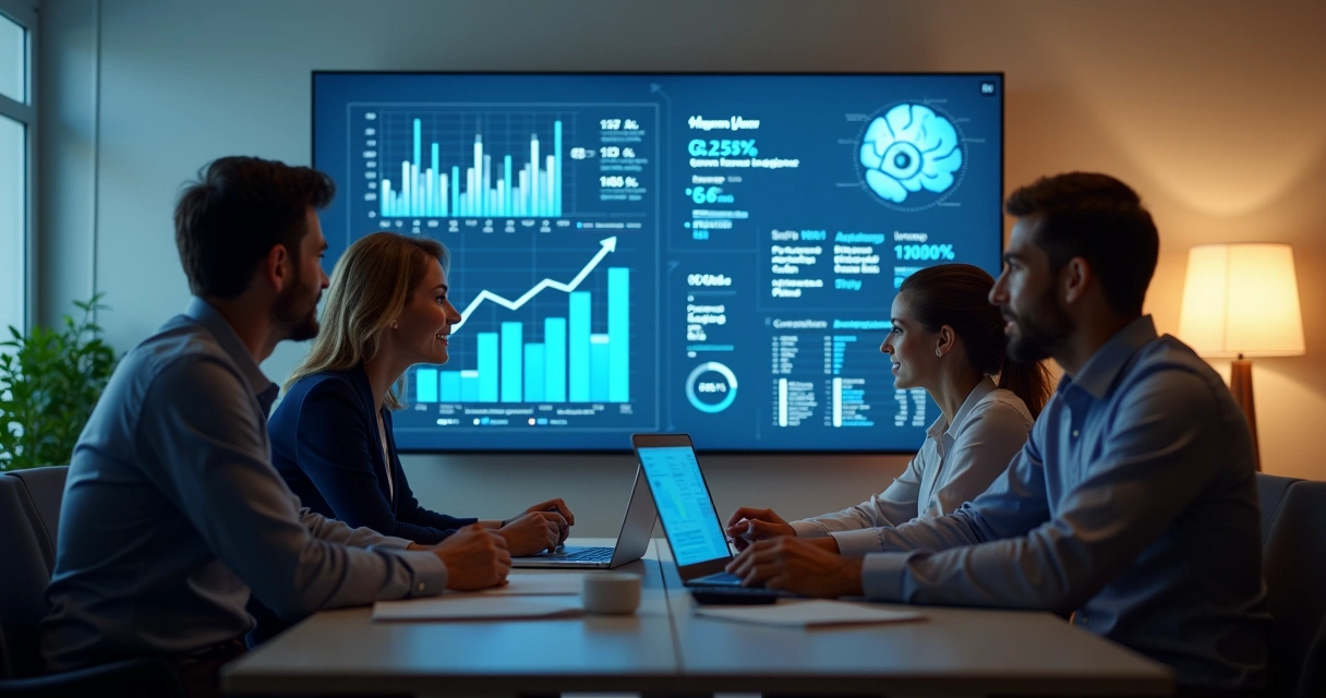 Equipe de vendas reunida com telas digitais e gráficos de IA 