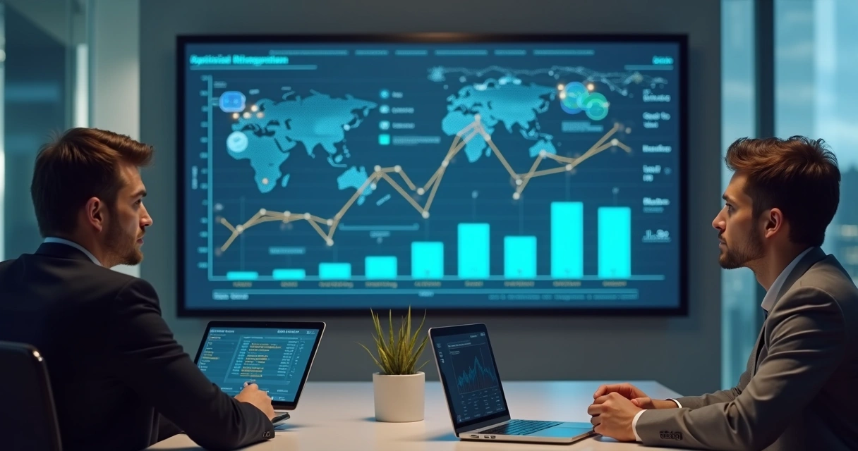 Franqueador e consultor de tecnologia avaliando gráficos de desempenho com tela digital ao fundo