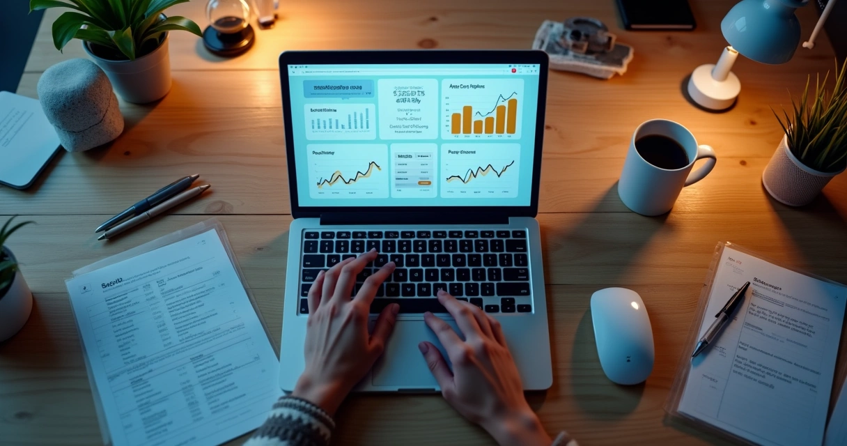 Profissional analisando ferramentas digitais de IA em mesa de trabalho 