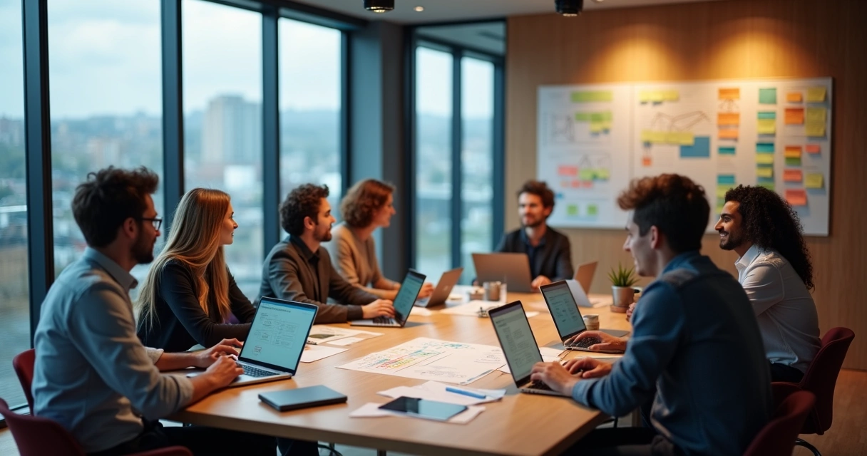Equipe empresarial reunida planejando implementação de IA 