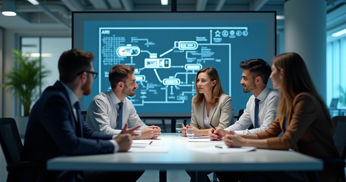 Profissionais reunidos planejando adoção de IA em ambiente corporativo 
