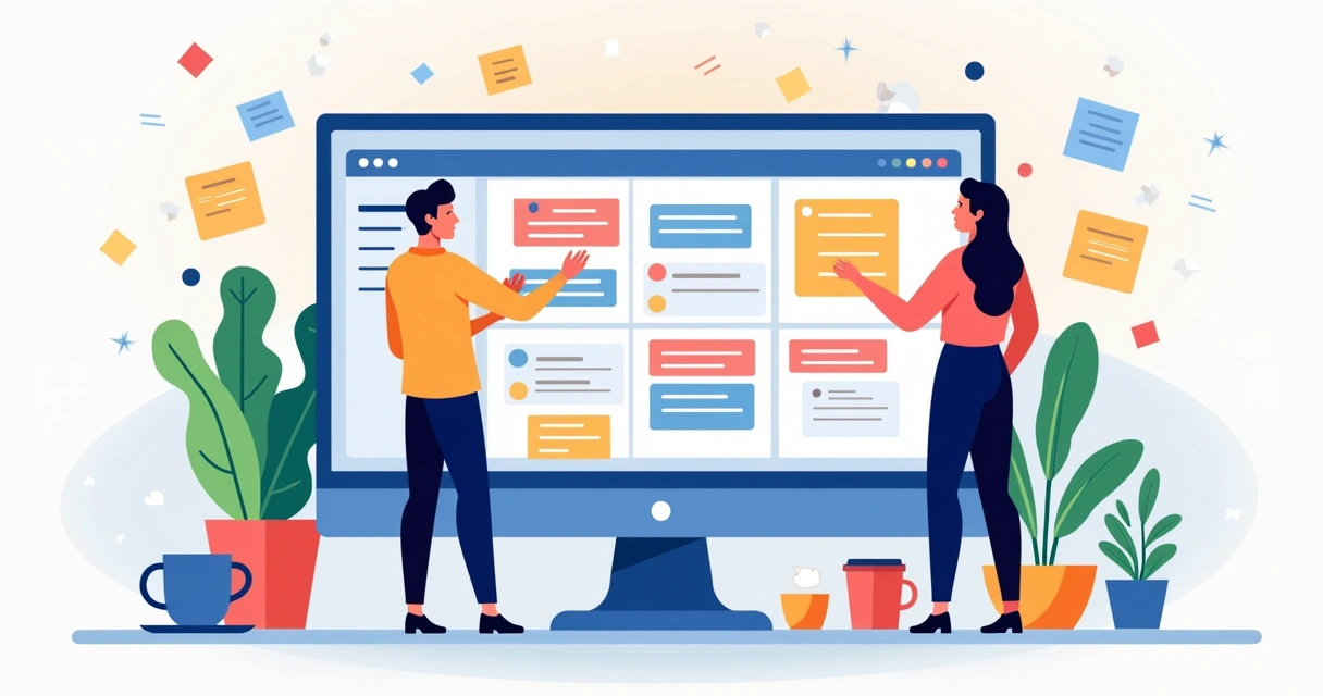 Equipe de agência implementando Kanban em ferramenta digital. 