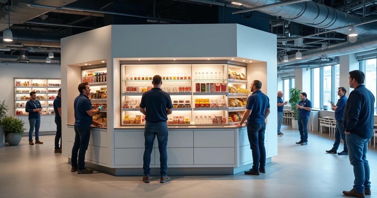 Equipe instalando módulo de mercado automático em empresa 