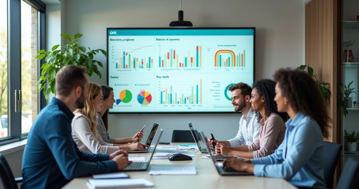 Equipe de pequenos empresários reunida em escritório moderno usando laptop para planejar metas com gráficos de progresso no cenário 