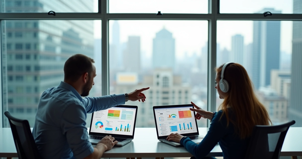Equipe ajustando configurações em dois notebooks em mesa de escritório 