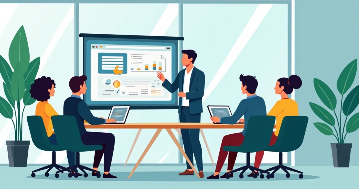 Treinamento de equipe usando plataforma digital na sala de reuniões 