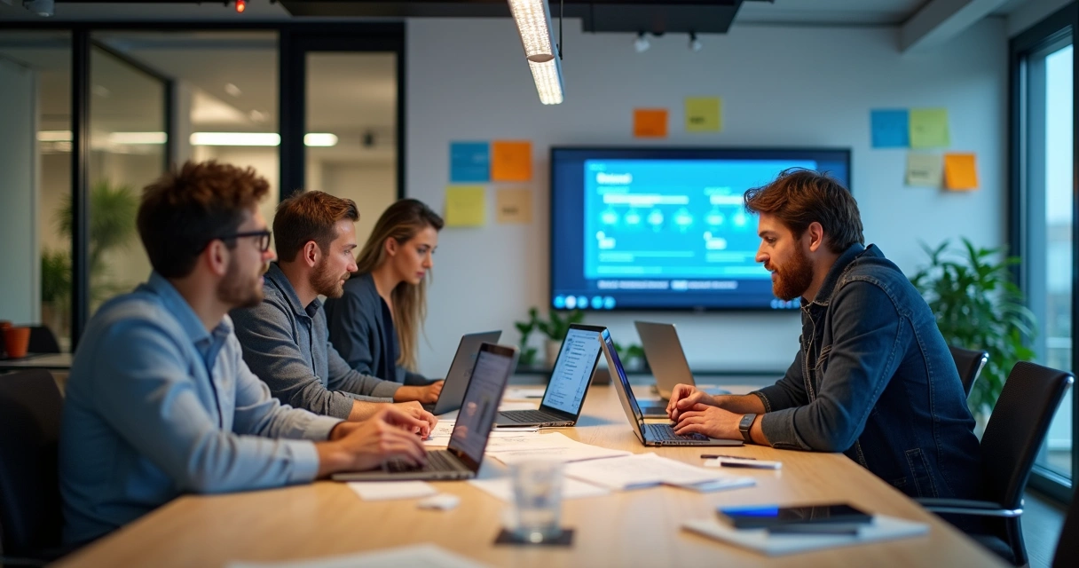 Equipe de TI e RH configurando software de treinamento corporativo, apoiados em computadores