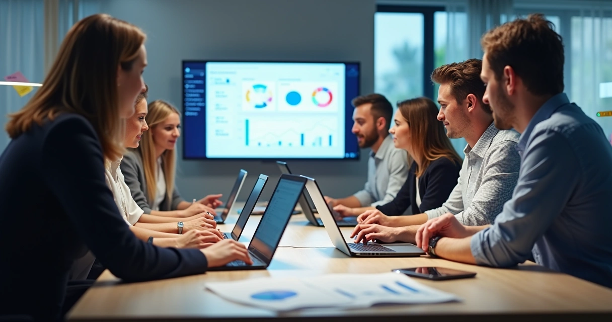 Equipe reunida em frente a computadores configurando ferramentas de pontuação 