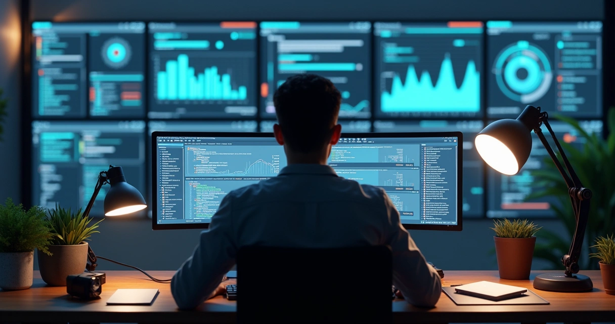 Profissional configurando API do WhatsApp em tela com gráficos e painel digital 
