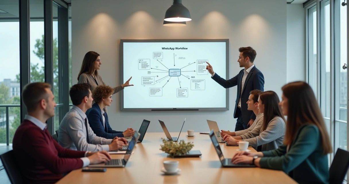 Equipe reunida em sala de reunião avaliando fluxo de WhatsApp em quadro branco 