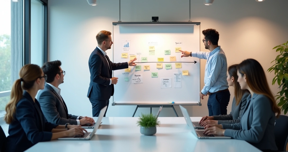 Consultores e gestores planejando automação em sala de reuniões 