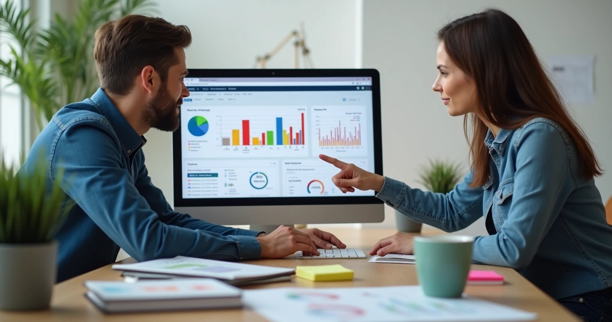 Técnico de TI configurando sistema com gerente de PME ao lado, analisando tela com gráficos de desempenho 