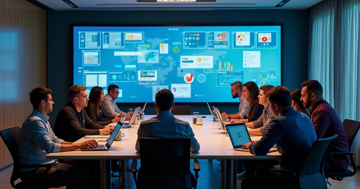 Equipe corporativa reunida para implementar solução digital 