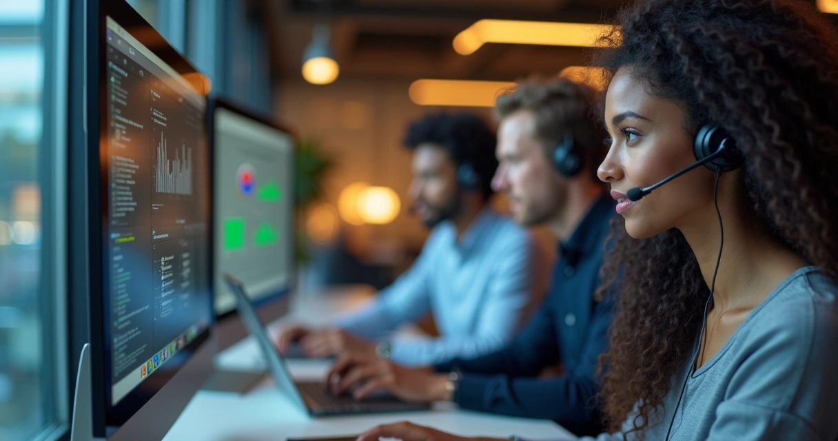 Equipe prestando suporte técnico à implementação de software 