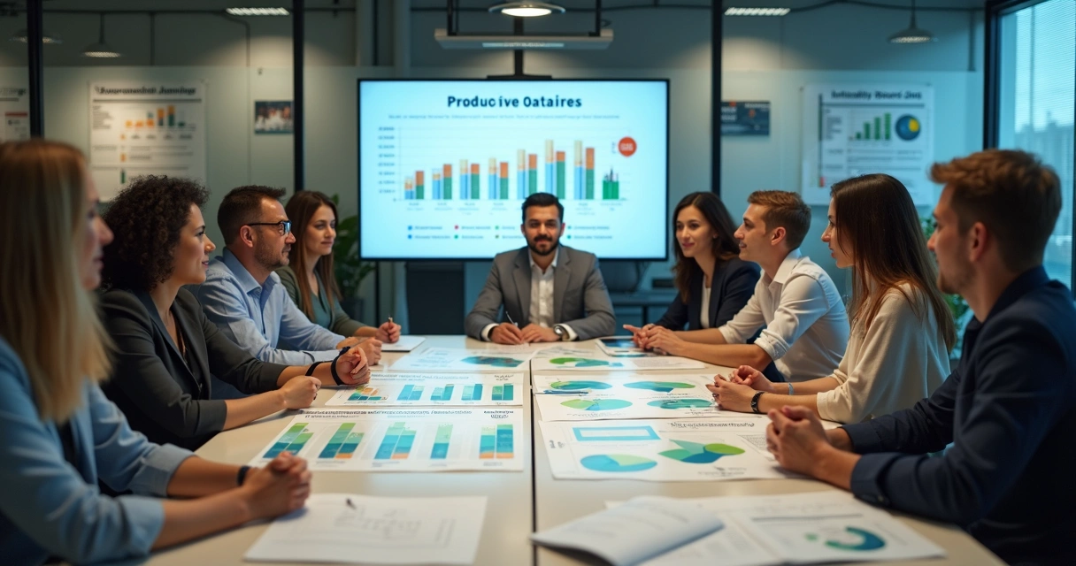 Equipe reunida em empresa analisando matriz de sustentabilidade com gráficos digitais na mesa 