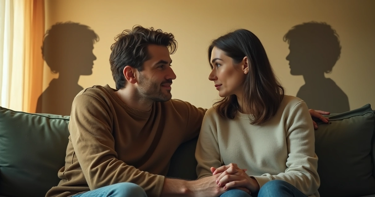 Couple facing each other with shadow figures behind them representing past memories 