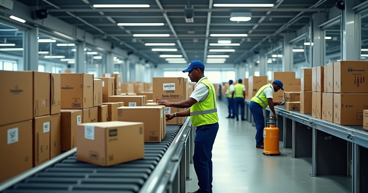 Funcionários trabalhando na logística de produtos importados no aeroporto