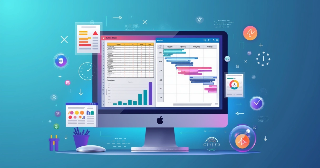Ilustração corporativa plana mostrando computador com tela dividida entre planilha Excel e gráfico do MS Project com ícones de dados e checklists ao redor 