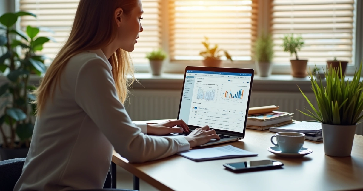 Pessoa sentada à mesa com notebook aberto mostrando tela de ERP, arquivos digitais e extrato bancário. 