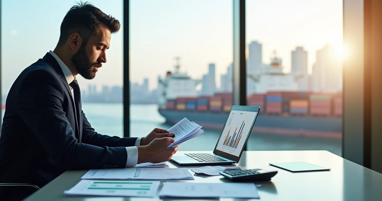 Empresário analisando documentos fiscais e gráficos de tributos em ambiente de escritório moderno 