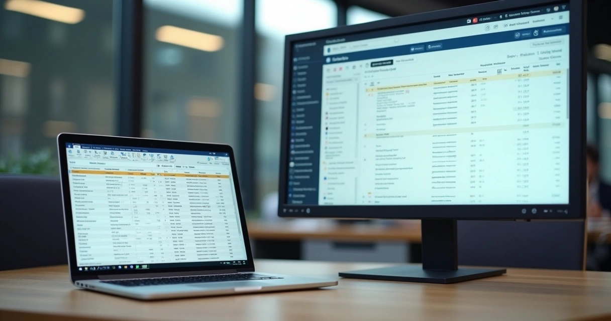Planilha aberta em notebook ao lado de tela de CRM mostrando migração de contatos 