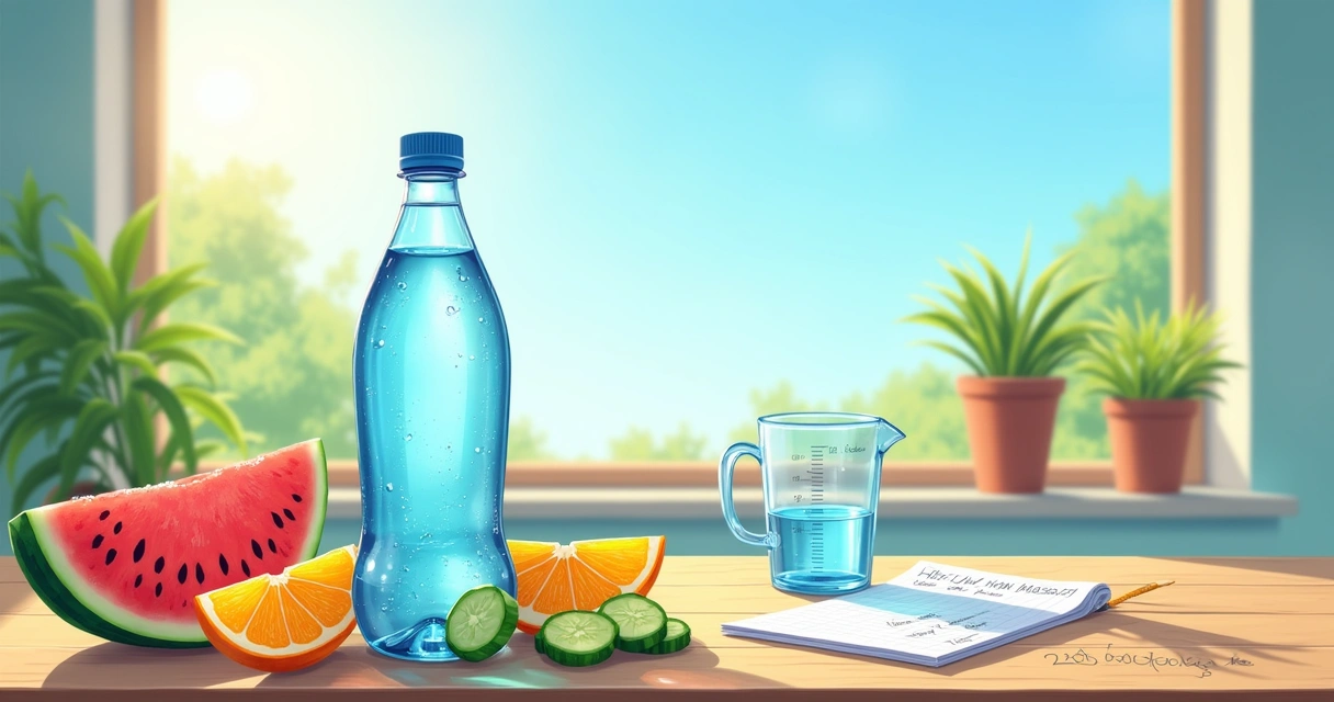 Ilustração vibrante com garrafa de água, frutas frescas e um objetivo de hidratação em um ambiente alegre.