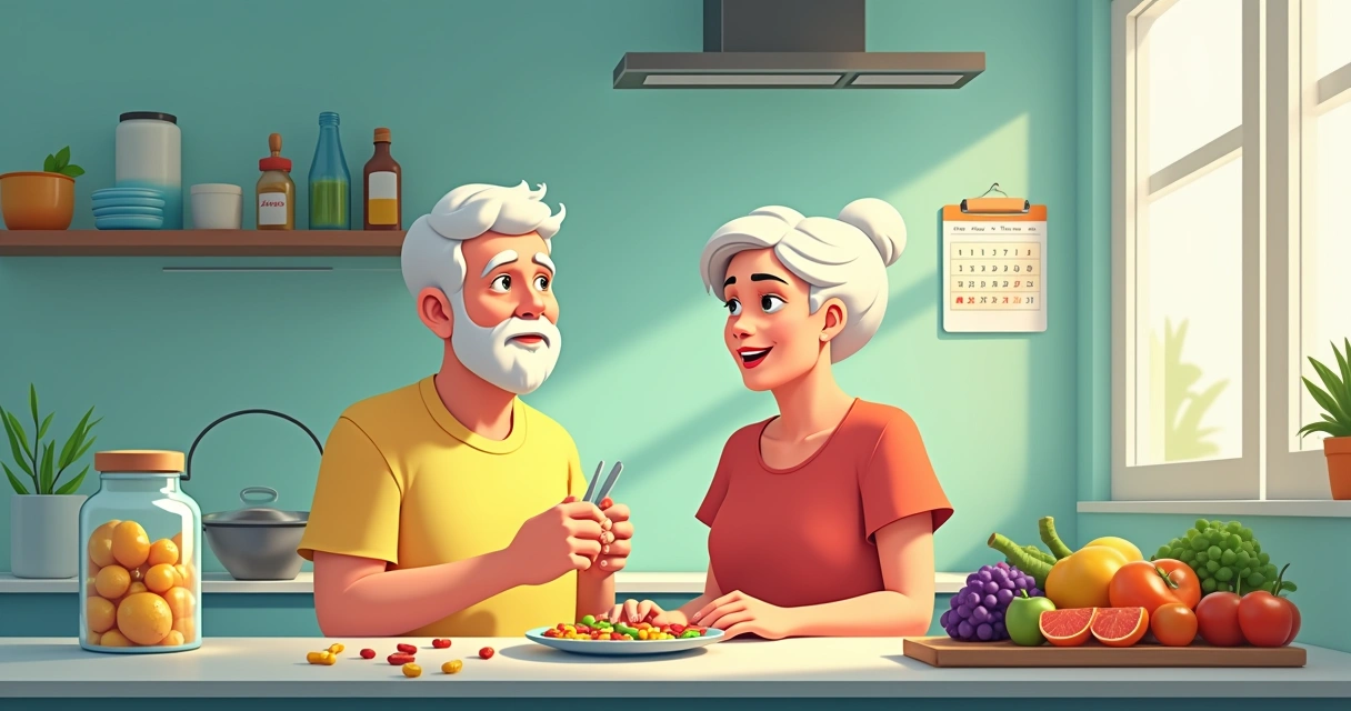 Idosos em cozinha observando suplementos com frutas ao fundo, simbolizando a importância da nutrição na terceira idade.