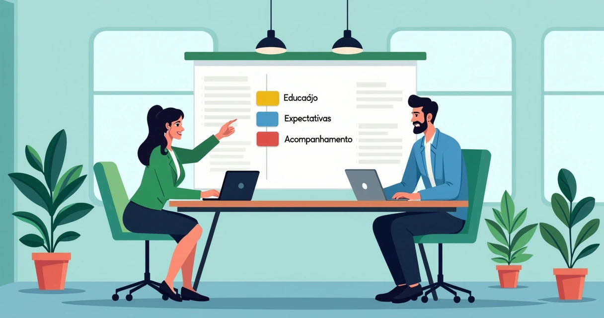 Ambiente de escritório modernizado com onboarding de clientes, mostrando um laptop com tutorial e um representante acolhedor.