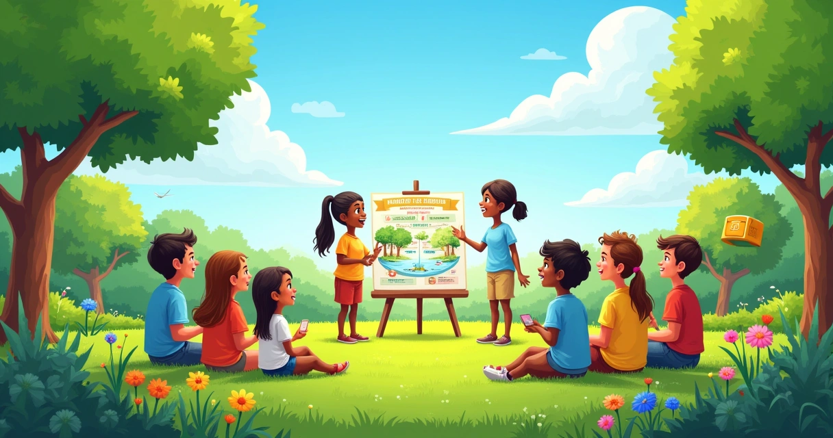 Grupo de crianças diversas aprendendo sobre conservação ambiental em um ambiente ao ar livre vibrante.