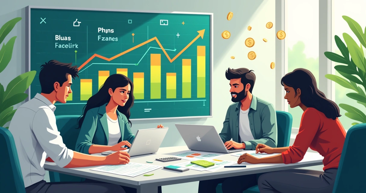 Grupo diversificado discutindo sobre rentabilidade de CDBs em mesa com documentos e gráficos coloridos.