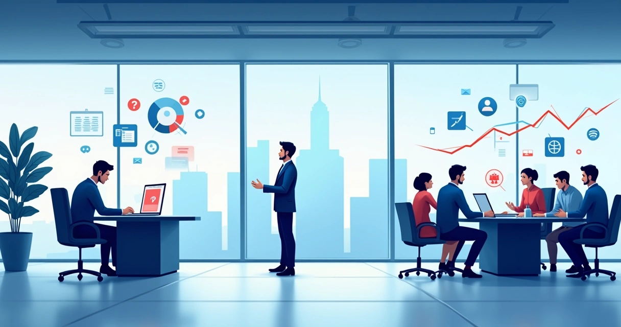 Ambiente corporativo com profissionais discutindo segurança de dados e proteção cibernética.