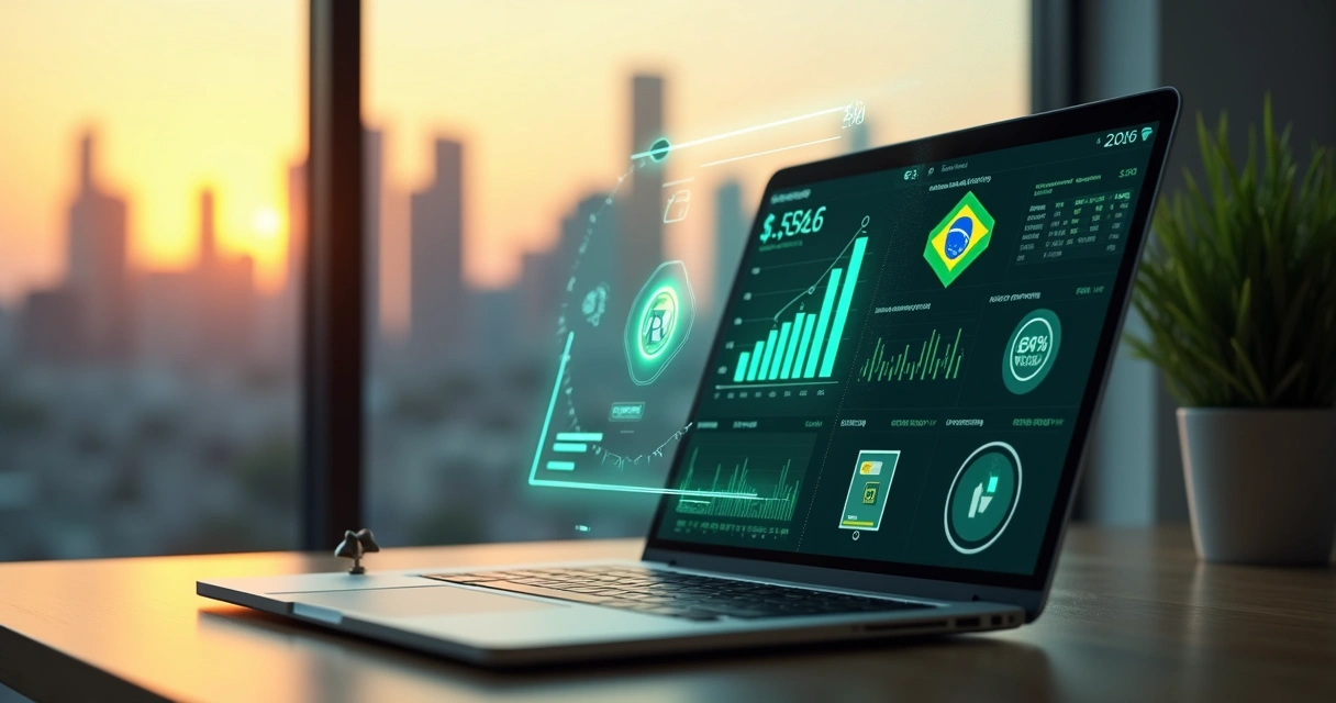 Ilustração de imposto digital no Brasil em 2026 com símbolos de tecnologia e finanças 