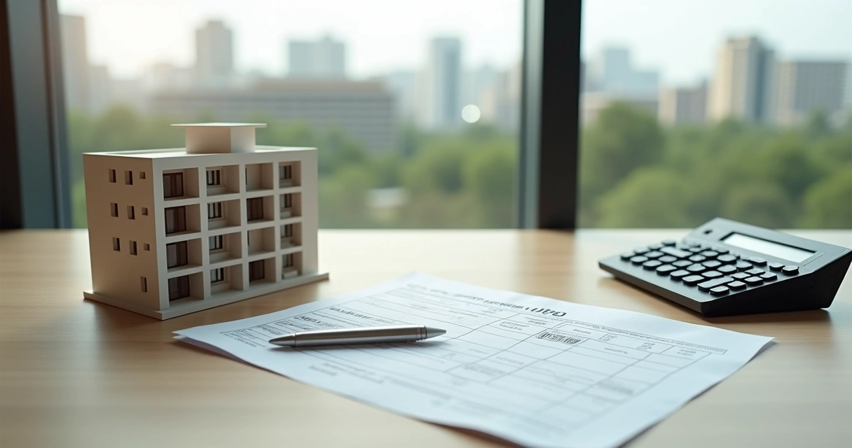 Maquete de imóvel ao lado de calculadora e documento de imposto sobre mesa de madeira 