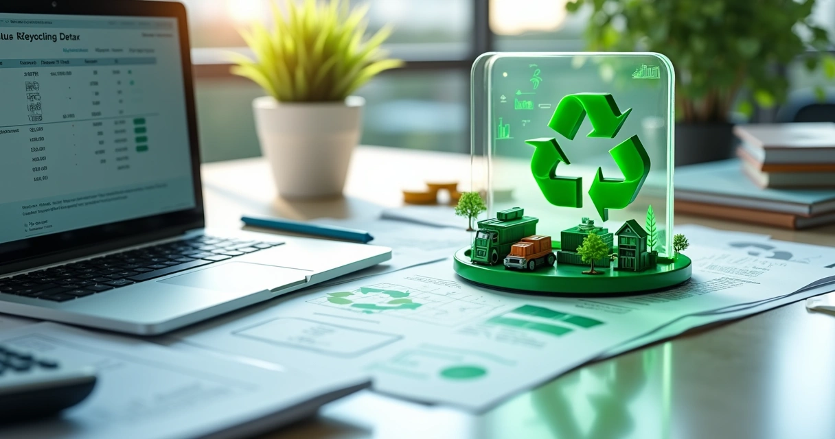 Planilha de imposto de renda ao lado de símbolos de reciclagem em mesa de escritório corporativo 