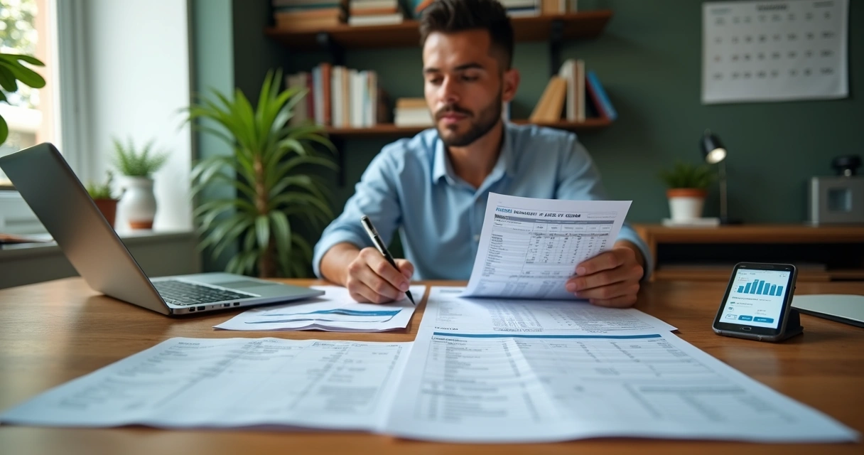 Proprietário analisando planilha de aluguel e declaração de imposto de renda 