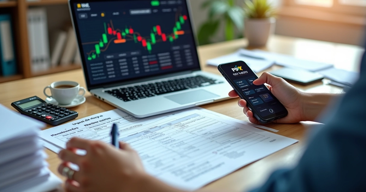 Pessoa organizando documentos de imposto de renda no notebook com gráficos de lucros online 