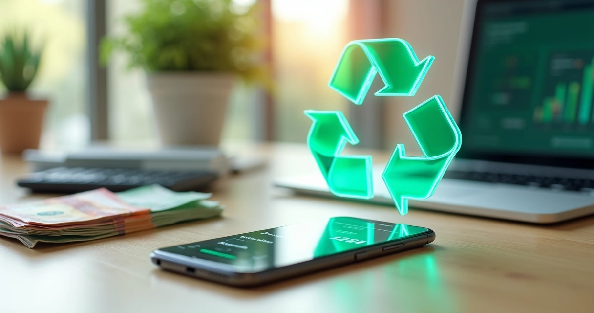 Teléfono mostrando declaração de imposto de renda ladeado por recibo digital e símbolos de reciclagem 