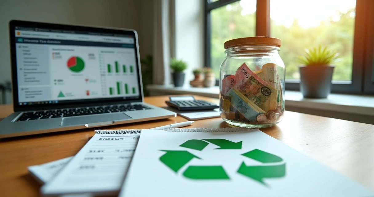 Contribuinte calculando imposto de renda ao lado de símbolos de reciclagem e dinheiro 