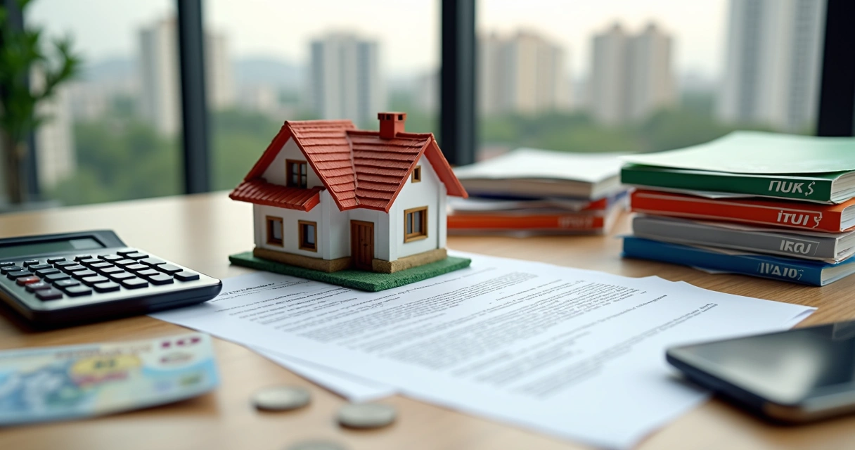 Casa em miniatura cercada por diferentes ícones de impostos organizados sobre mesa de escritório 