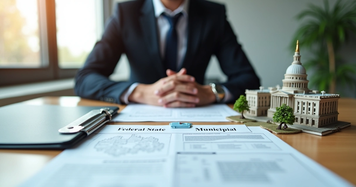 Contador explicando impostos federais, estaduais e municipais para empresário em escritório