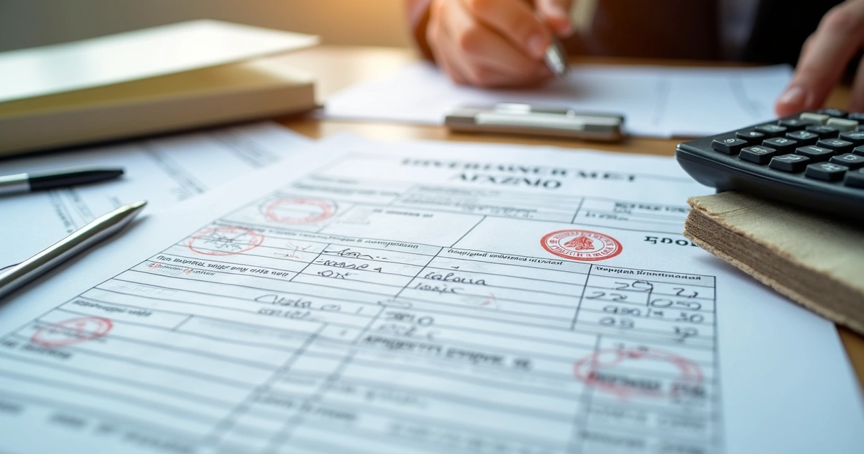 Documentos fiscais de herança com calculadora e caneta 