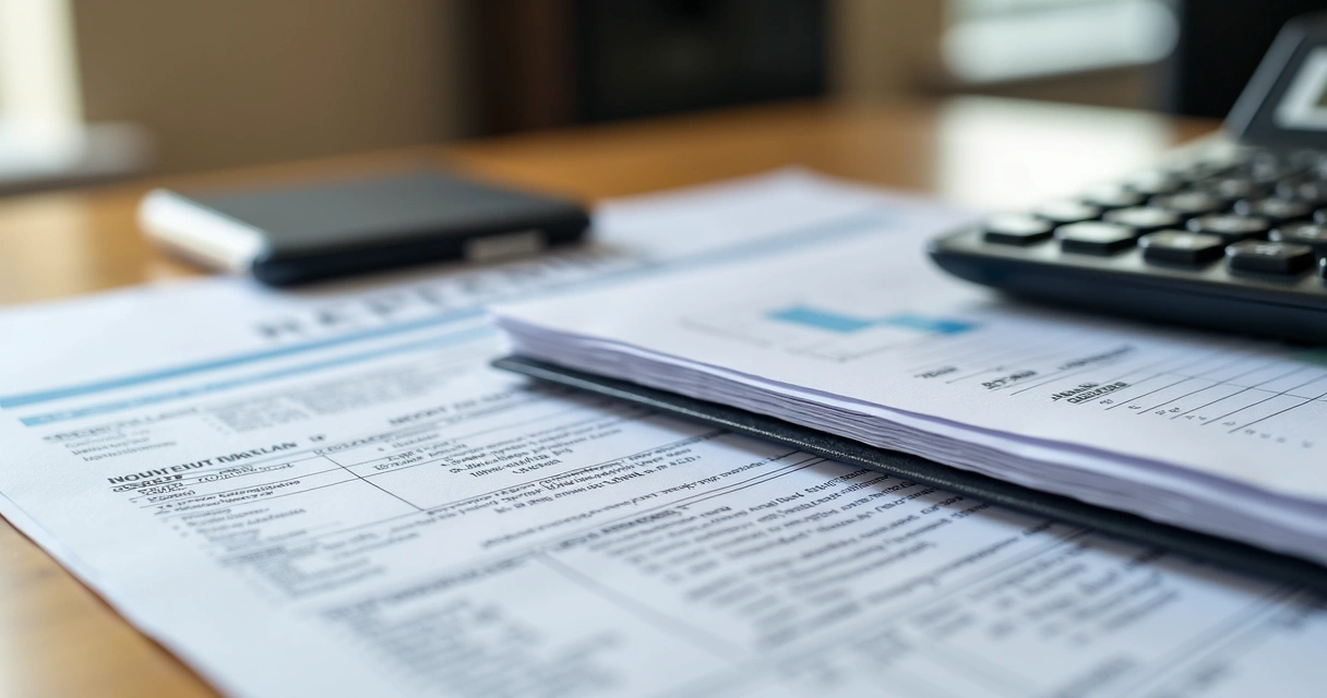 Pilha de documentos sobre impostos imobiliários com calculadora. 