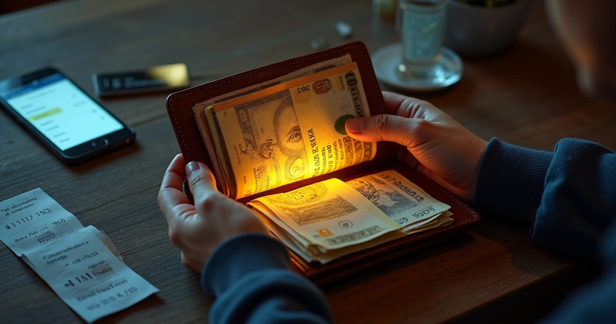 Carteira aberta com luz destacando taxas e impostos ocultos ao fundo 