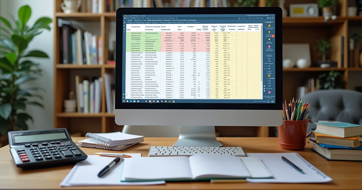 Planilha de impostos no computador com documentos ao lado 