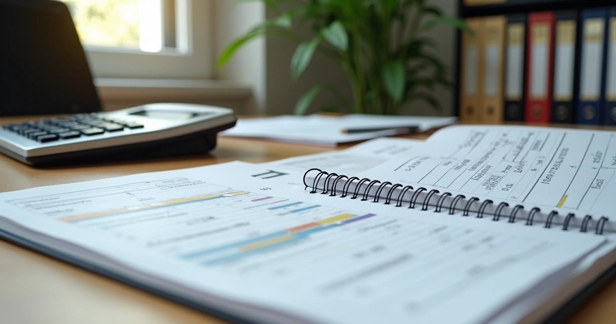 Mesa de escritório com documentos fiscais, calculadora e um notebook aberto com gráficos de impostos