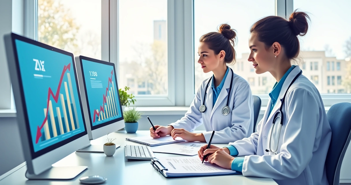 Contador orienta médica em escritório com papéis e computador 