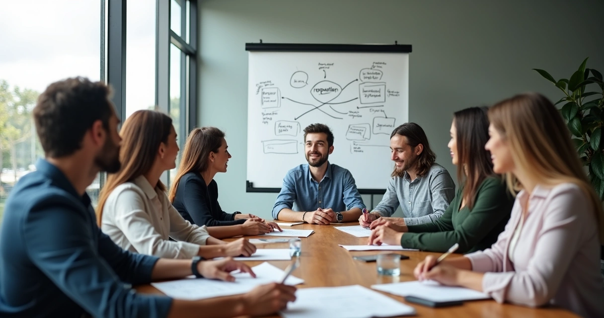 Equipe reunida em reunião de comunicação empresarial 