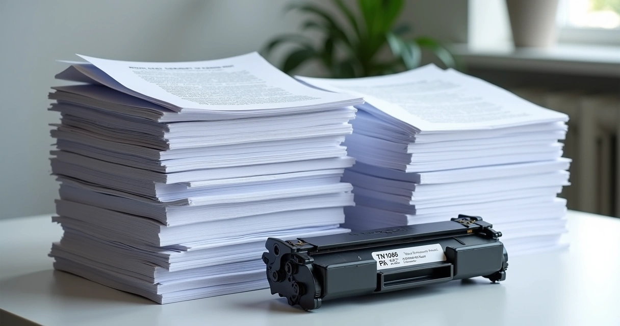 Pilhas de 1000 folhas impressas lado a lado com toner TN1060 compatível 