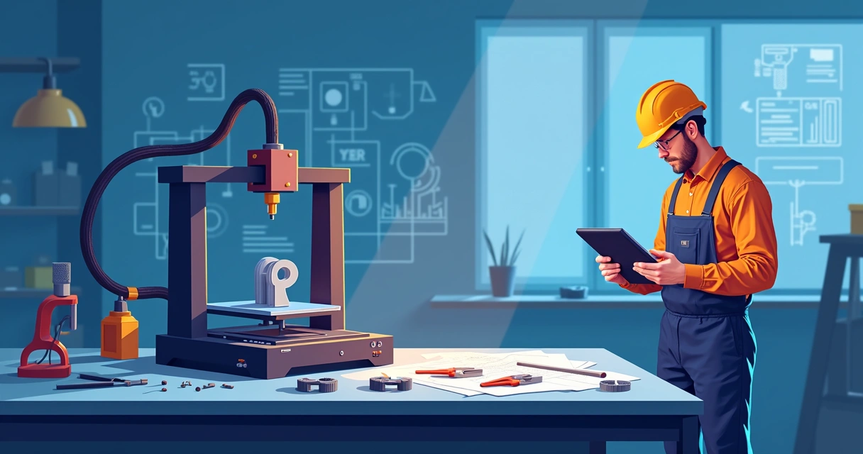 Peça metálica sendo impressa em 3D interagindo com estrutura de aço. 